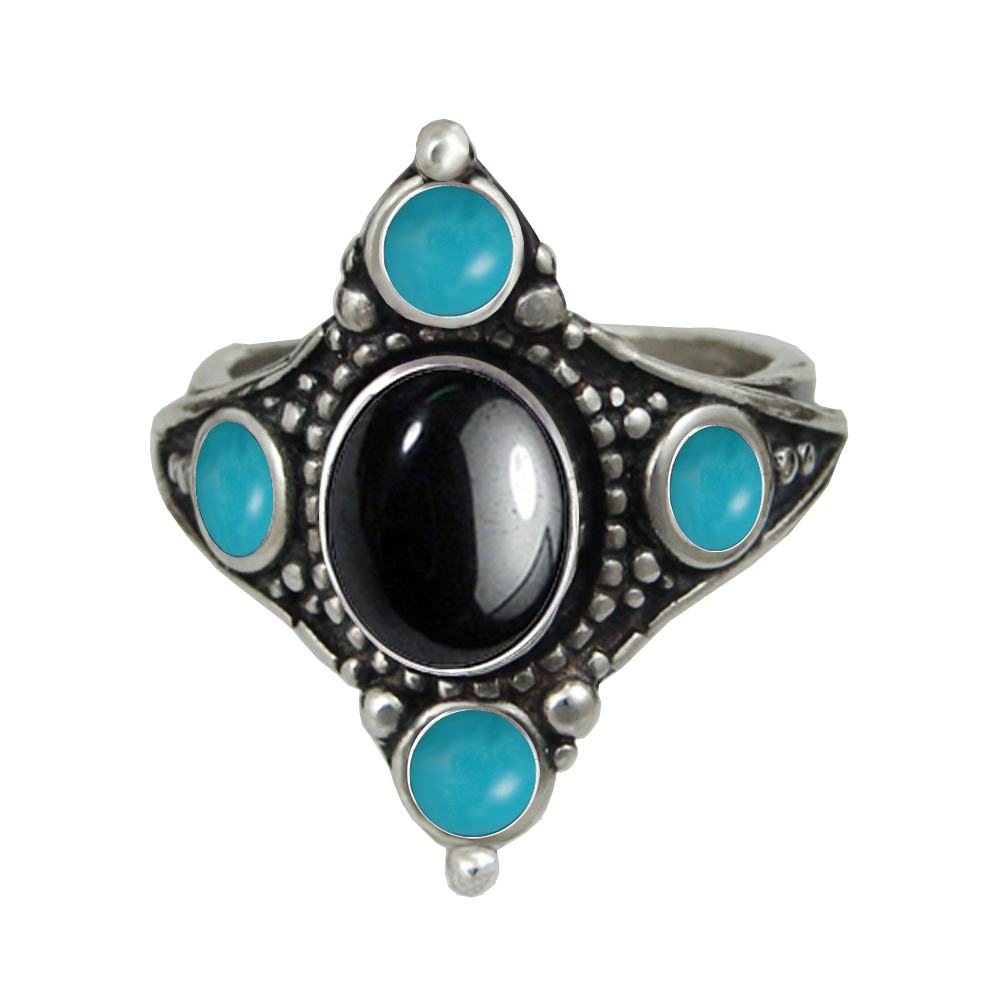 Sterling Silver Renaissance Queen's Ring With Hematite And Turquoise Size 10